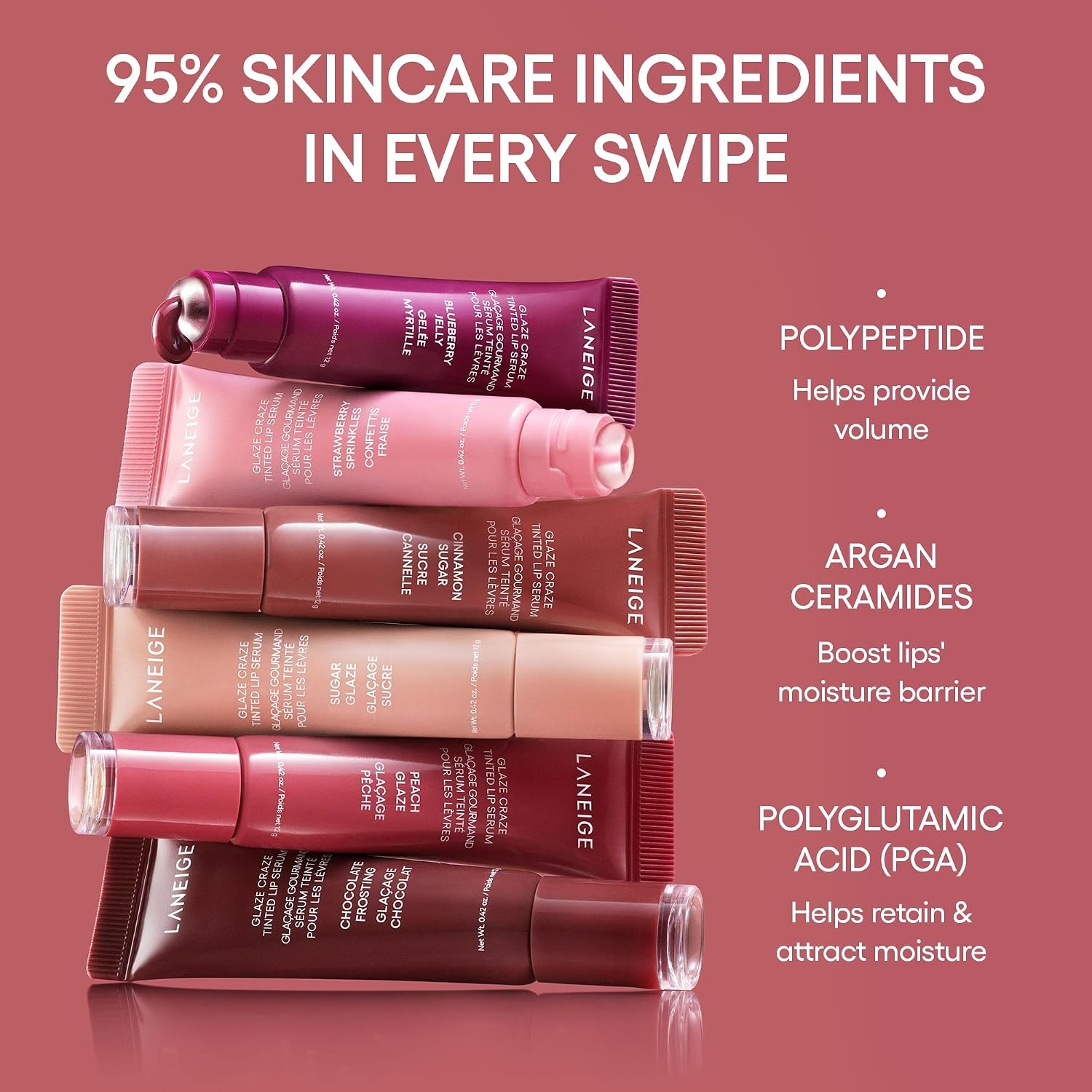 image:imageLANEIGE Glaze Craze Tinted Lip Serum Hydrating Lip Serum for Glossy Nourished Lips with Plumping PolypeptidesGlassy Lip Minis